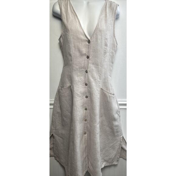 Tahari Dresses & Skirts - Tahari Linen Tank Dress 10 Maxi Beige V-neck Front Pockets Minimalistic Boho M